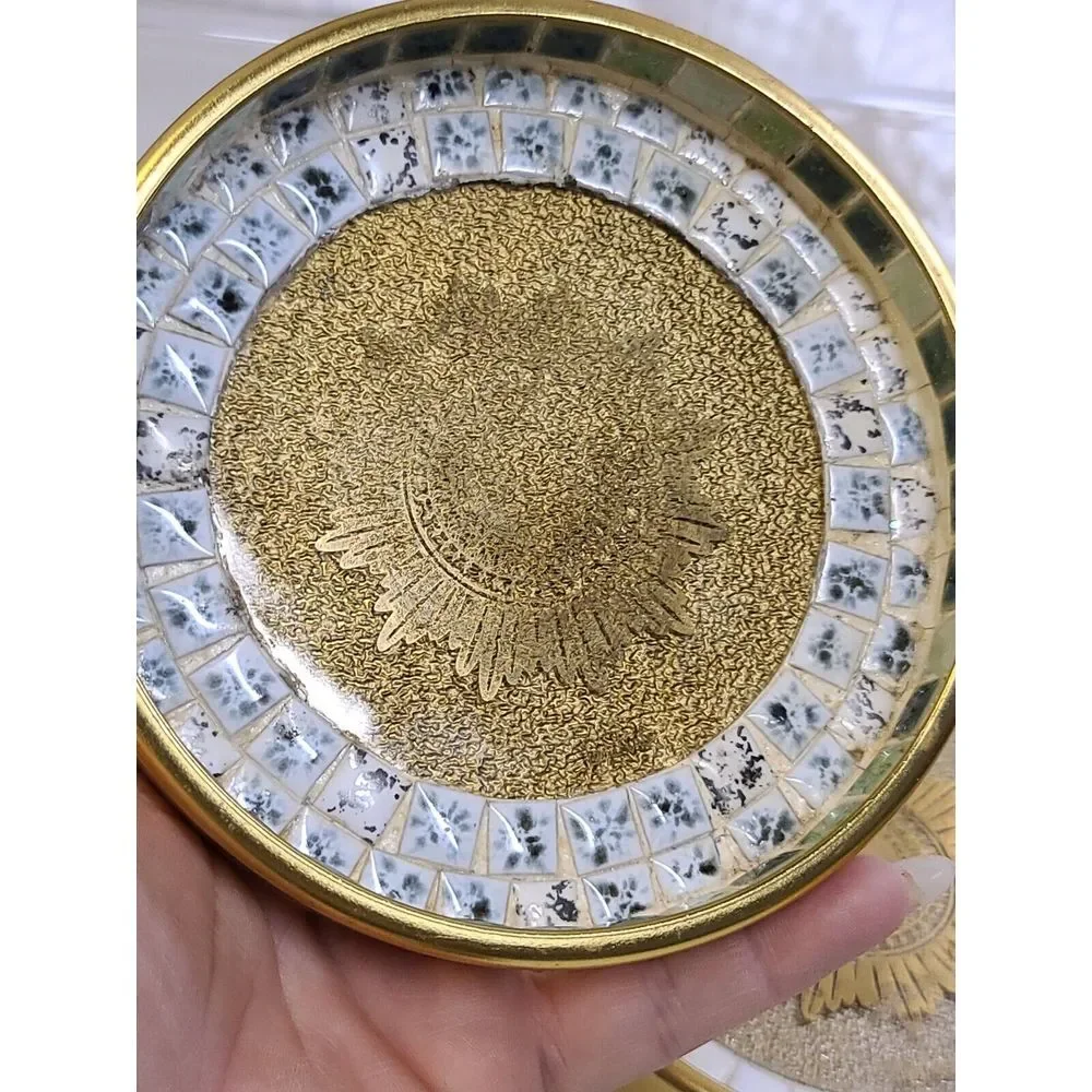 Nesting Set MCM Mosaic Tile Coasters NUT‎ DISH Ashtrays Lynn Paulin Gold Gilt - Picture 5 of 11